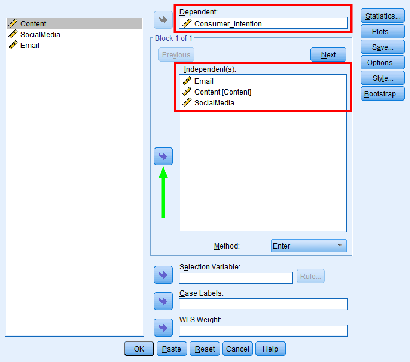 SPSS Linear Regression dialog box showing variables selection with Consumer_Intention as dependent and three predictors as independent variables