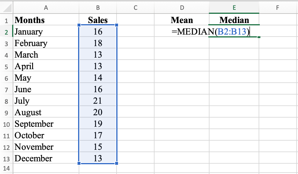 Excel spreadsheet showing MEDIAN function with result 16