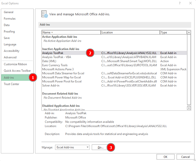 Excel Options window showing Add-ins tab with Analysis ToolPak in inactive list