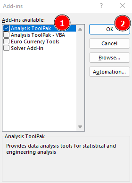 Excel Add-ins dialog box with Analysis ToolPak checkbox selected