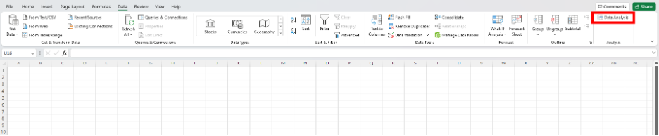 Excel Data tab showing Data Analysis button after ToolPak installation