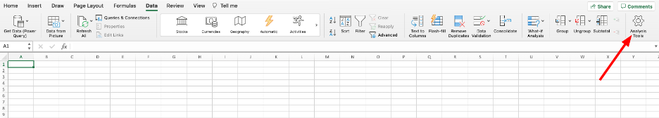 Excel for Mac showing Analysis Tools icon in Data tab
