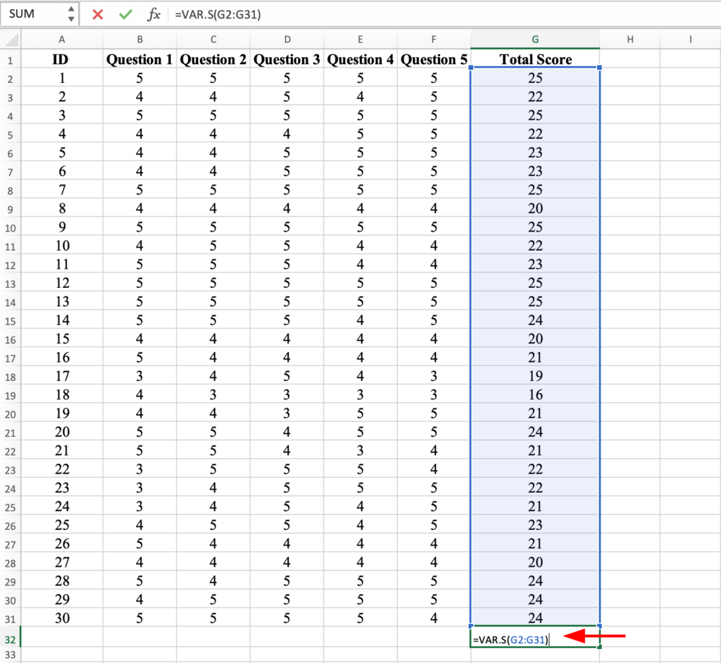 Excel cell showing =VAR.S formula being entered to calculate variance of Total Score column G, with cell range G2:G31 selected