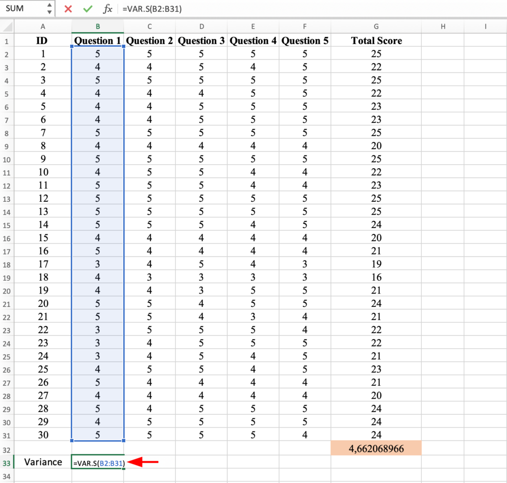 Excel spreadsheet showing =VAR.S formula calculating variance for Question 1 column B, selecting all responses B2:B31 for the first item