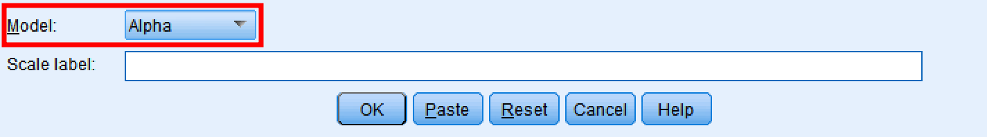 SPSS Reliability Analysis window showing Model dropdown menu with Alpha option selected