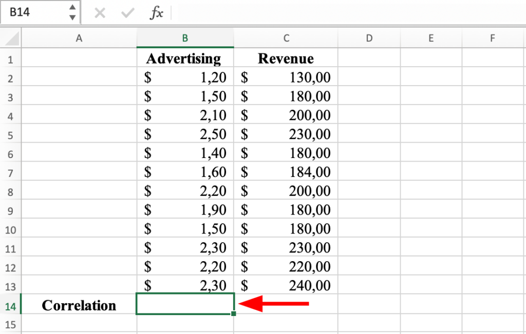 Excel worksheet with selected cell for displaying Pearson correlation coefficient result