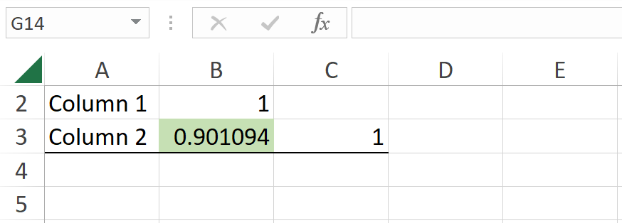 Excel output showing Pearson correlation coefficient result of 0.9 using Data Analysis Toolpak