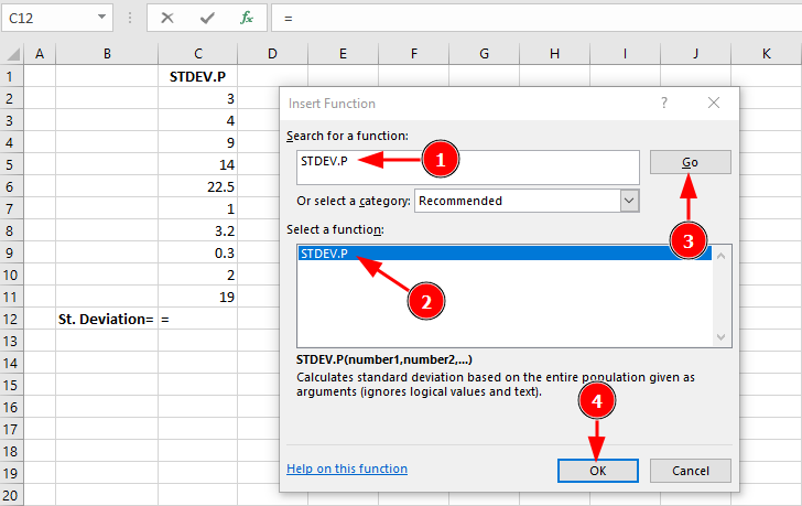 Excel Insert Function dialog showing STDEV.P function selection with search field and function description