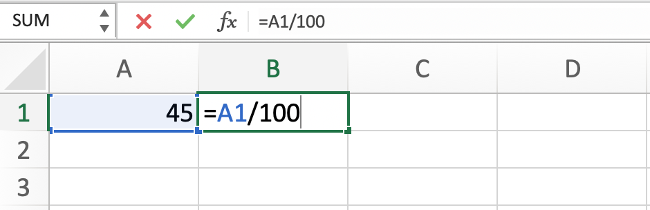 Excel spreadsheet showing percentage to decimal conversion formula using division by 100