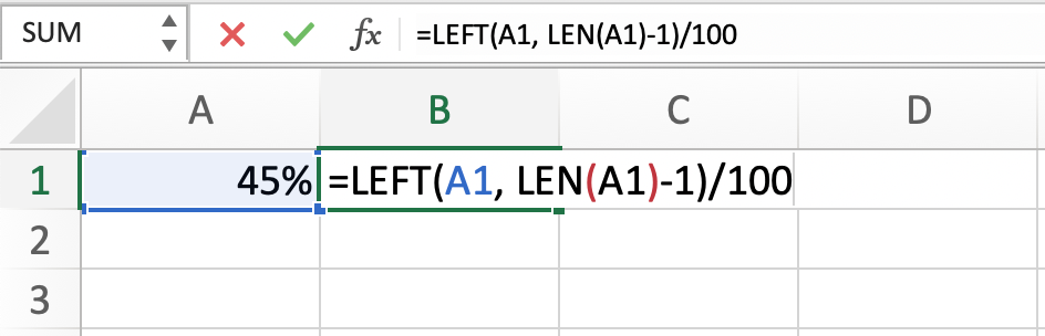 Excel formula using LEFT and LEN functions to remove percentage symbol before conversion