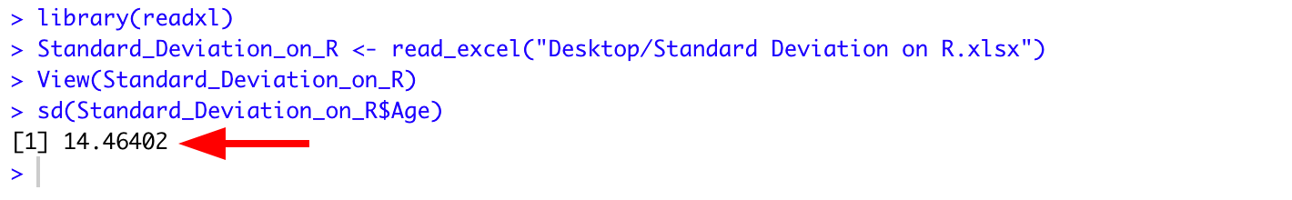 RStudio console output showing sd() function result of 14.46402 for Age column from Excel dataset