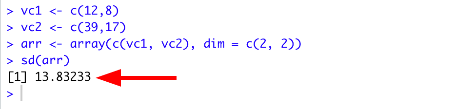 RStudio console showing array creation from two vectors and sd() function result of 13.832