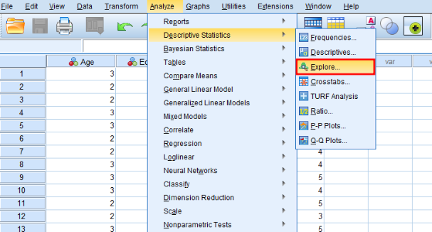 SPSS menu showing navigation path Analyze then Descriptive Statistics then Explore for calculating standard error
