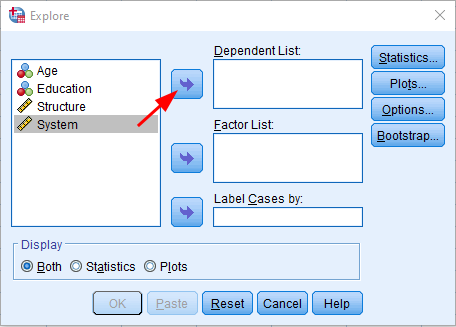 SPSS Explore dialog box showing variable list on left with arrow button to move variables to Dependent List