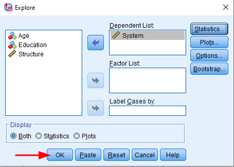 SPSS Explore window with OK button highlighted ready to run standard error analysis