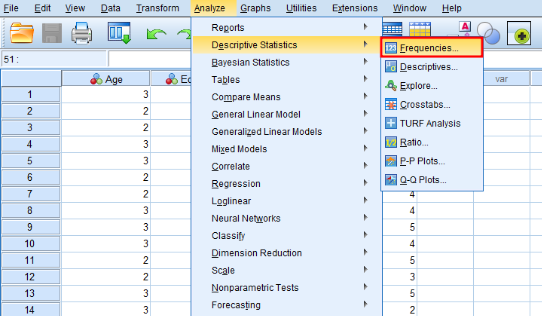 SPSS menu showing navigation path Analyze then Descriptive Statistics then Frequencies for standard error calculation