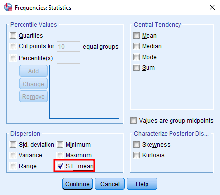 SPSS Frequencies Statistics window with S.E. mean checkbox selected for standard error calculation