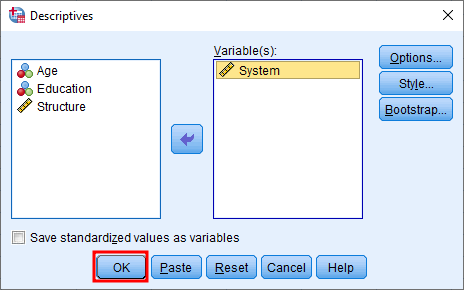 SPSS Frequencies window with OK button ready to execute standard error analysis
