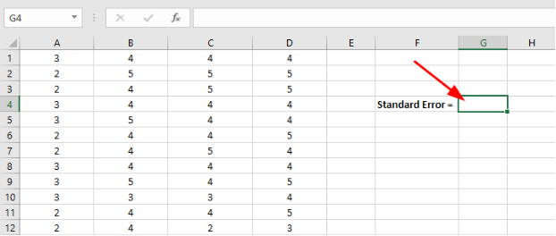 Excel spreadsheet showing data in rows with empty cell selected for entering standard error formula