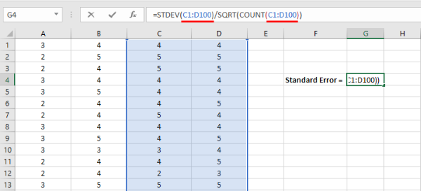 Excel formula with actual cell range A2:A101 replacing sampling range placeholder in standard error calculation