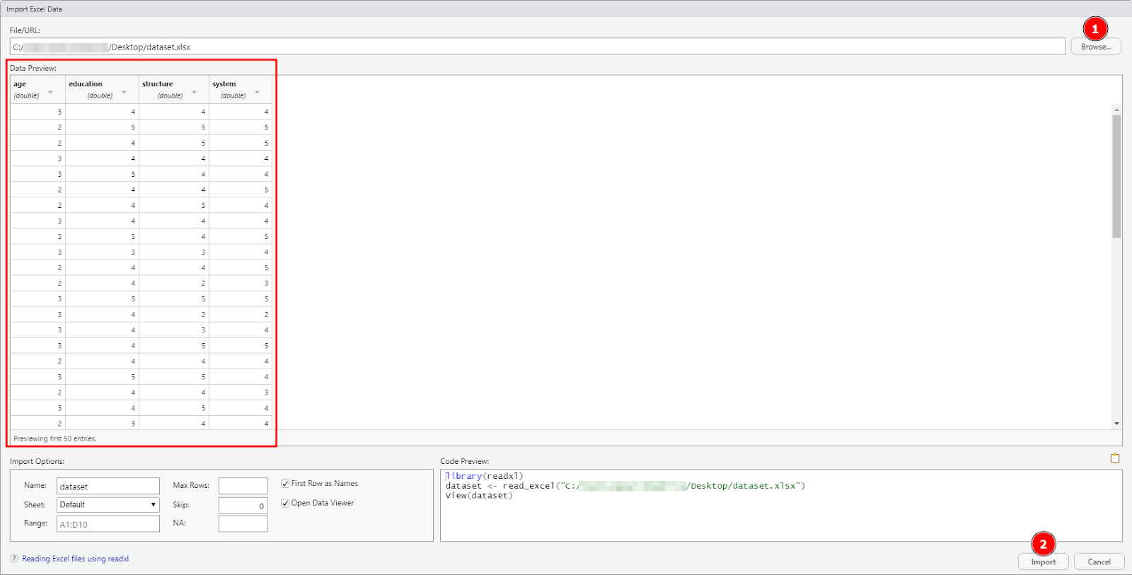 RStudio Import Excel Data window showing Browse button to select dataset file and Import button to load data
