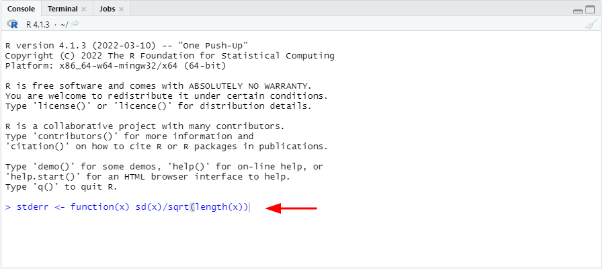RStudio Console showing custom stderr function definition for calculating standard error using sd and sqrt in R