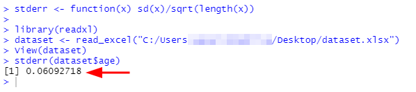 RStudio Console output showing standard error result of 0.06 after running stderr function on age variable