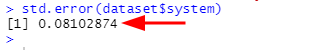 RStudio Console showing std.error function from Plotrix library calculating standard error for system variable