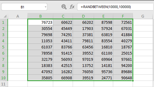 Excel spreadsheet filled with random numbers generated using RANDBETWEEN for test data