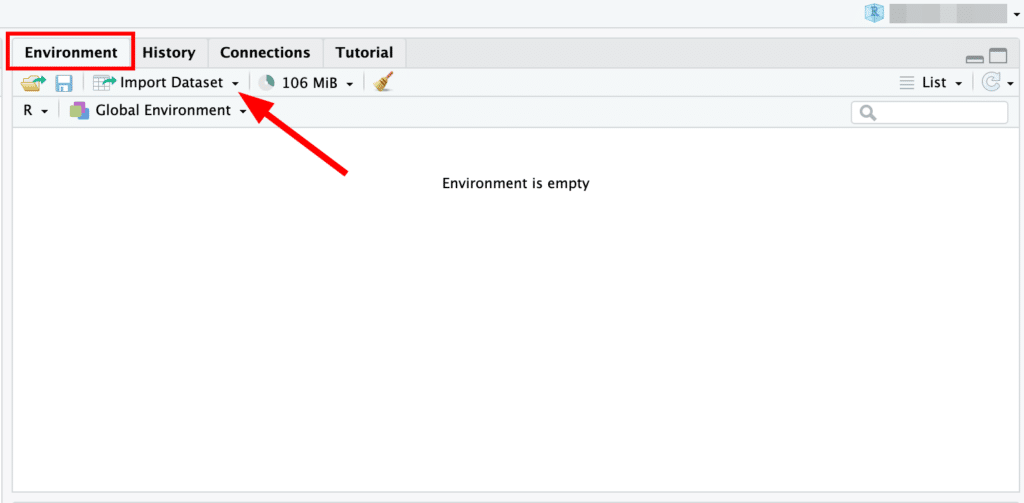 RStudio Environment pane showing the Import Dataset dropdown menu for importing CSV files into R