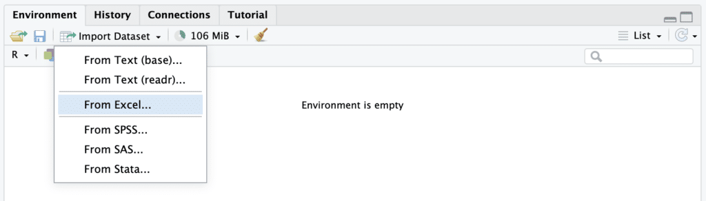 RStudio Import Dataset dropdown menu showing the From Excel option to import Excel files into R