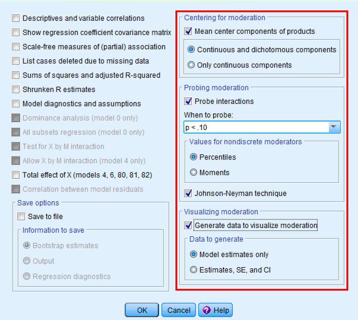 PROCESS Options window with Mean center components checked, Probe interactions enabled, and Johnson-Neyman technique and Generate data to visualize moderation selected
