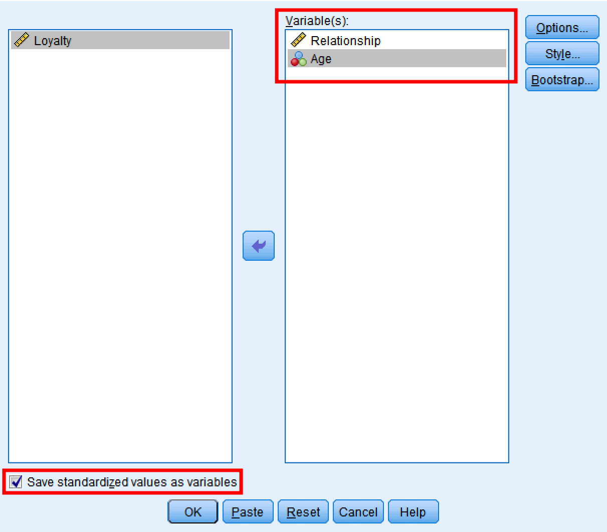 SPSS Descriptives dialog box with Relationship and Age variables selected and Save standardized values as variables checkbox marked
