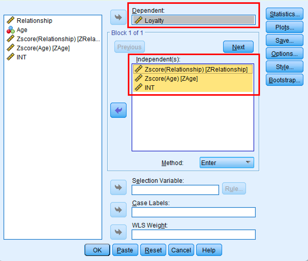 SPSS Linear Regression dialog box with Loyalty as dependent variable and ZRelationship, ZAge, and INT as independent variables
