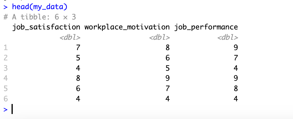 R console showing head() output of mediation dataset with job satisfaction, workplace motivation, and job performance columns