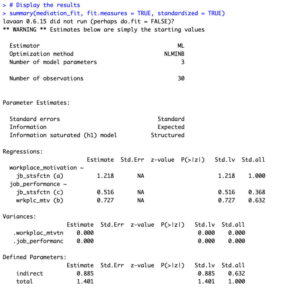 Lavaan mediation analysis output in R showing parameter estimates, path coefficients, indirect effects, and total effects