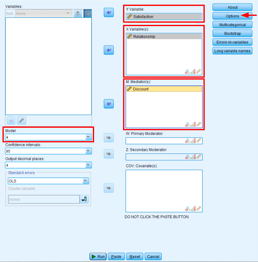 PROCESS Macro version 5.0 main dialog box with Model 4 selected, Satisfaction as Y outcome variable, Relationship as X independent variable, and Discount as M mediator