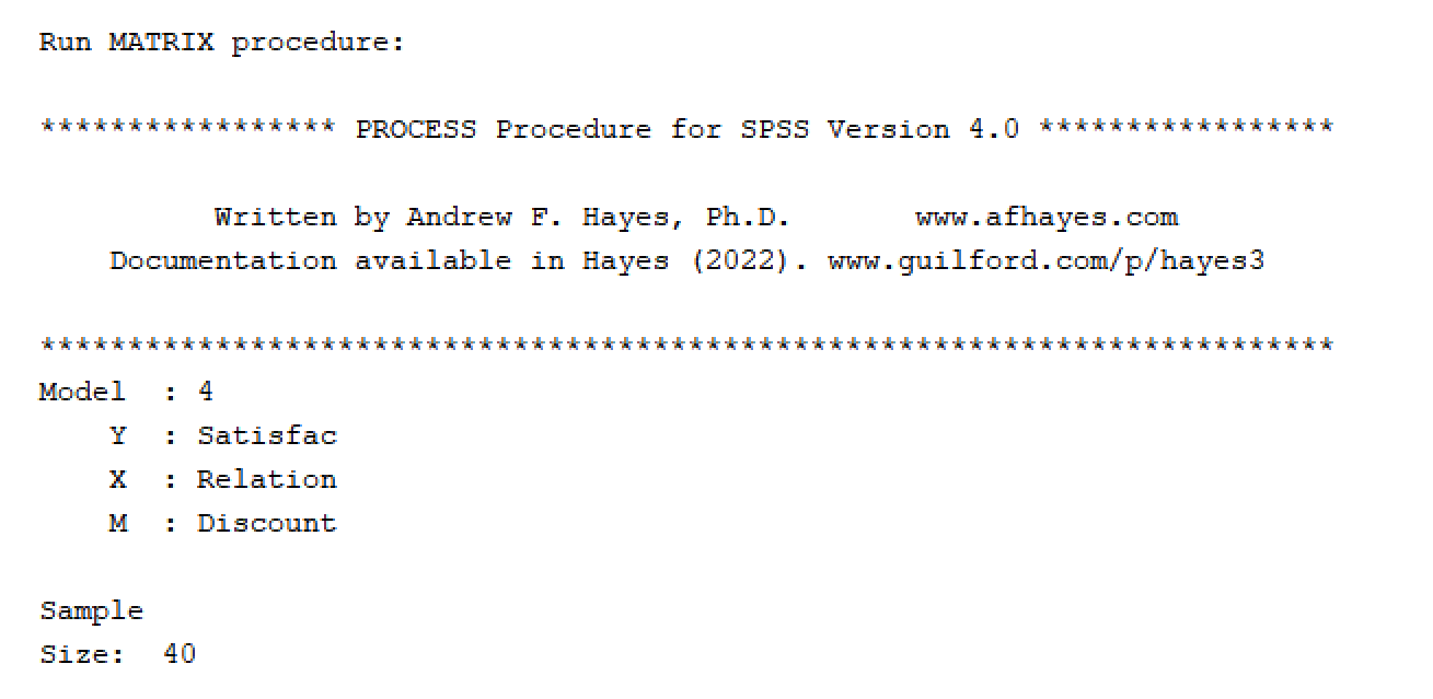 PROCESS output header displaying Model 4 simple mediation, sample size, and variable assignments for X Relationship, M Discount, Y Satisfaction