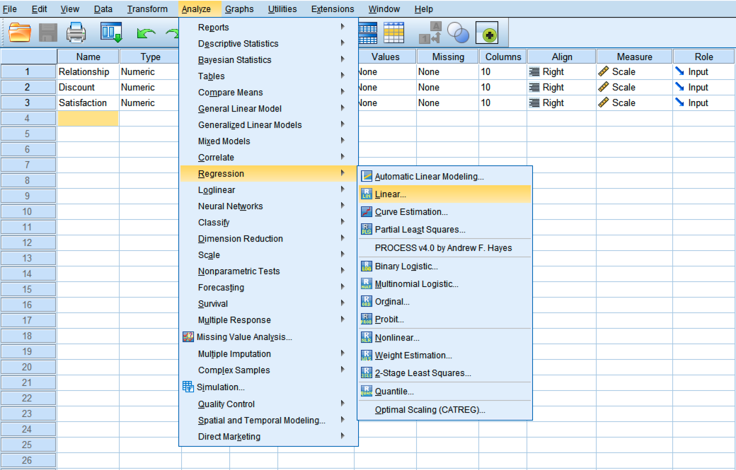 SPSS Linear Regression dialog box with Satisfaction as dependent variable and Relationship as independent variable for testing total effect Path C
