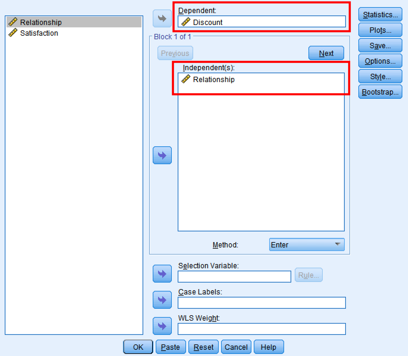 SPSS Linear Regression dialog with Discount mediator as dependent variable and Relationship as independent variable for Path A analysis