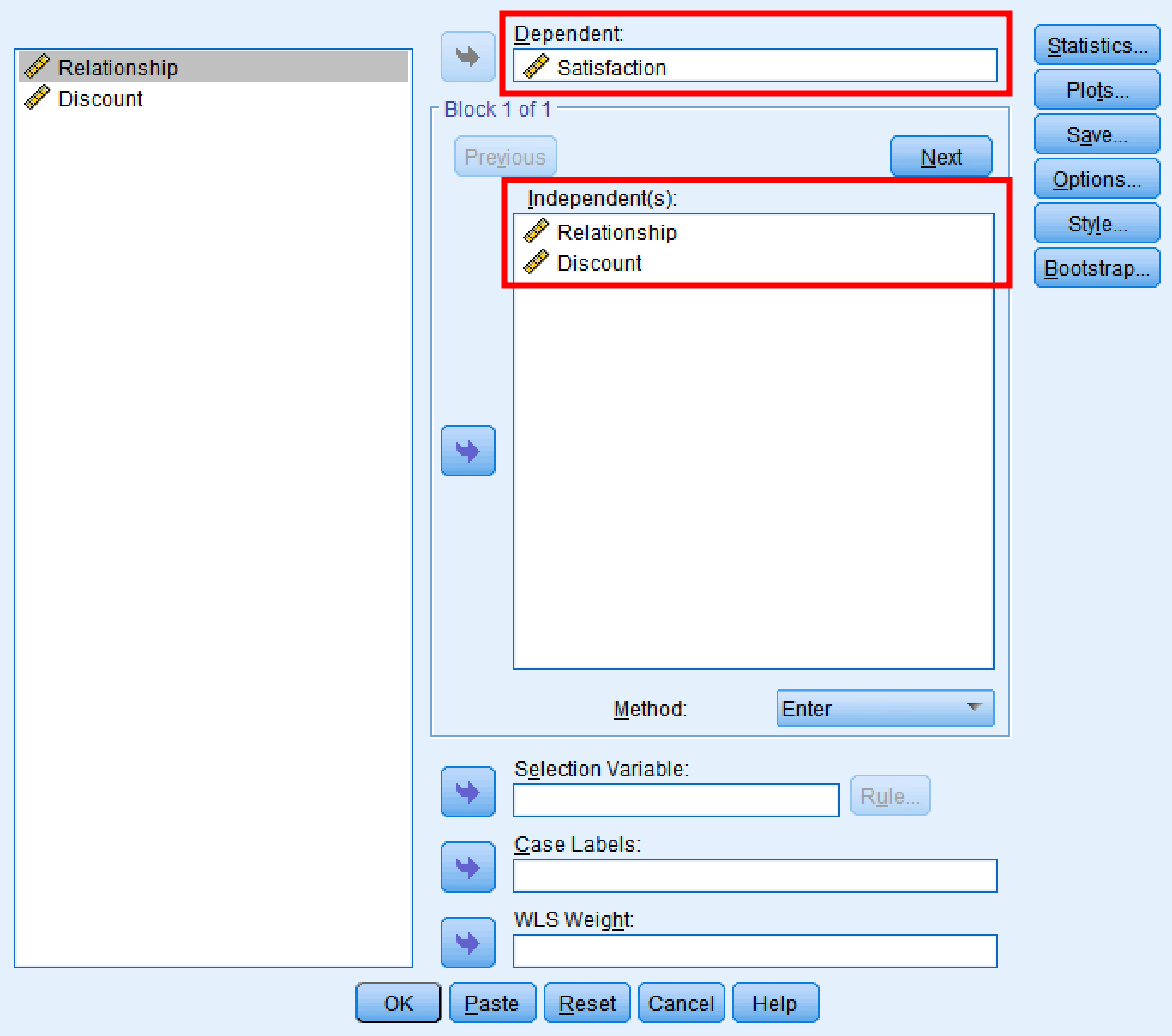 SPSS Linear Regression dialog with Satisfaction as dependent and both Relationship and Discount as independent variables for testing Paths B and C prime