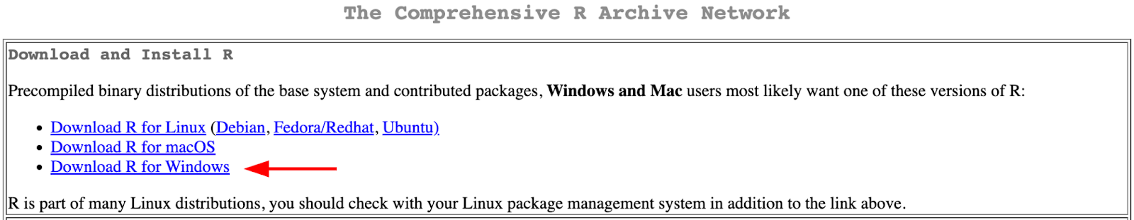 CRAN download page with Download R for Windows button highlighted