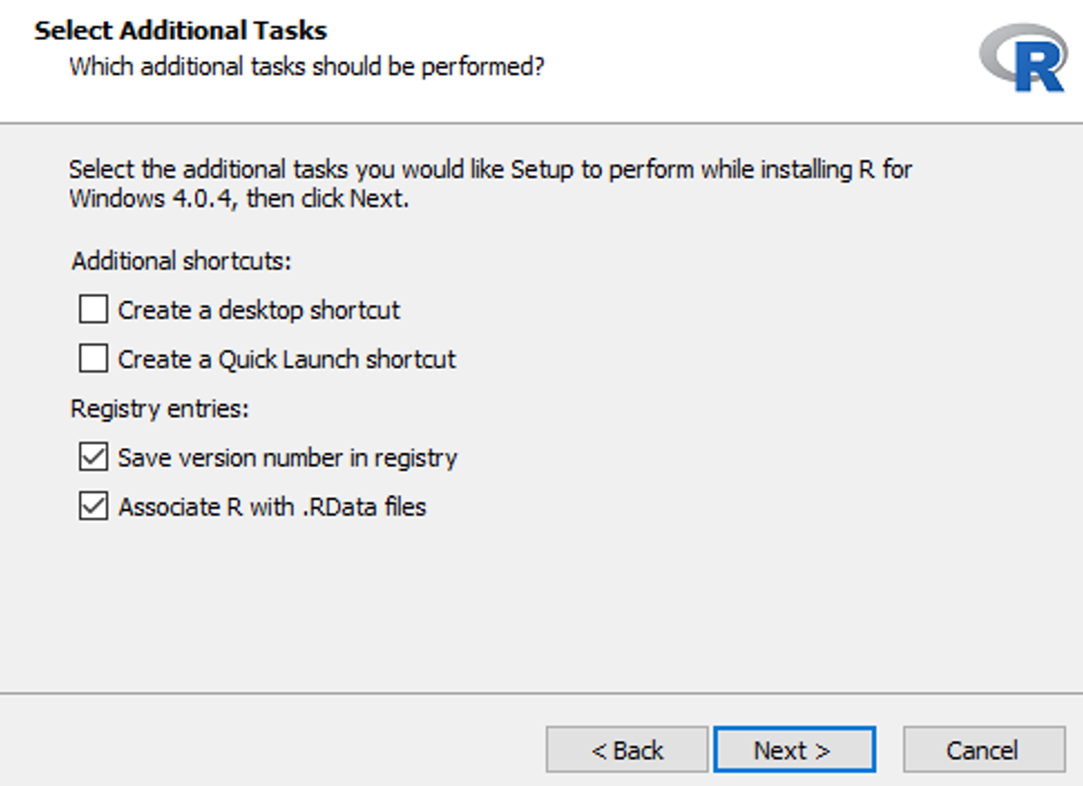 R installer additional tasks with desktop shortcut and quick launch options