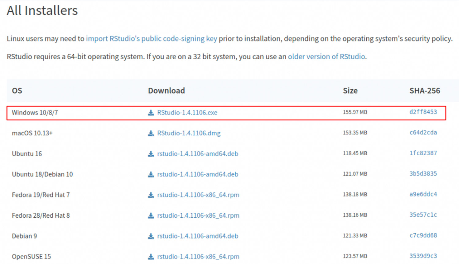 RStudio all installers section showing Windows 10/8/7 exe installer option