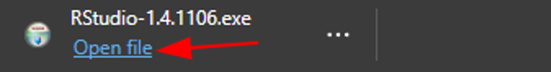 Browser download notification showing RStudio installer with Open File button