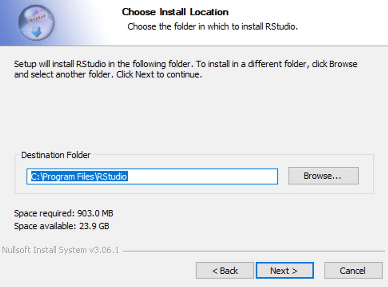 RStudio installer showing destination folder selection with default path