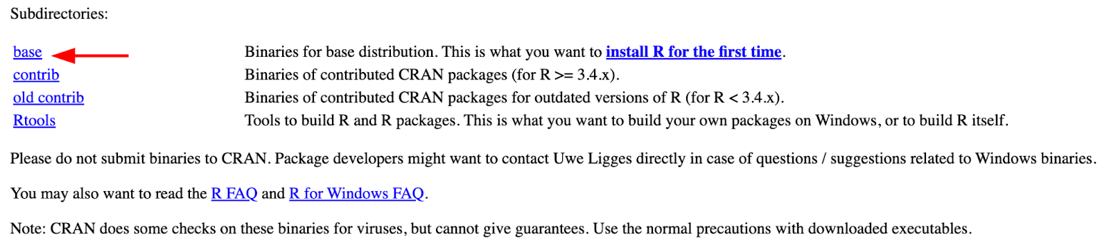 R for Windows download page showing base subdirectory option