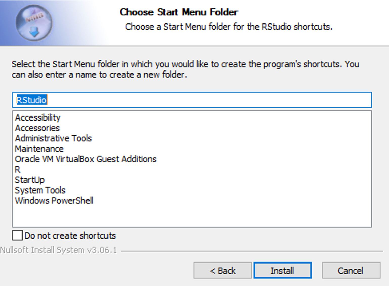 RStudio installer Start Menu folder selection with Install button