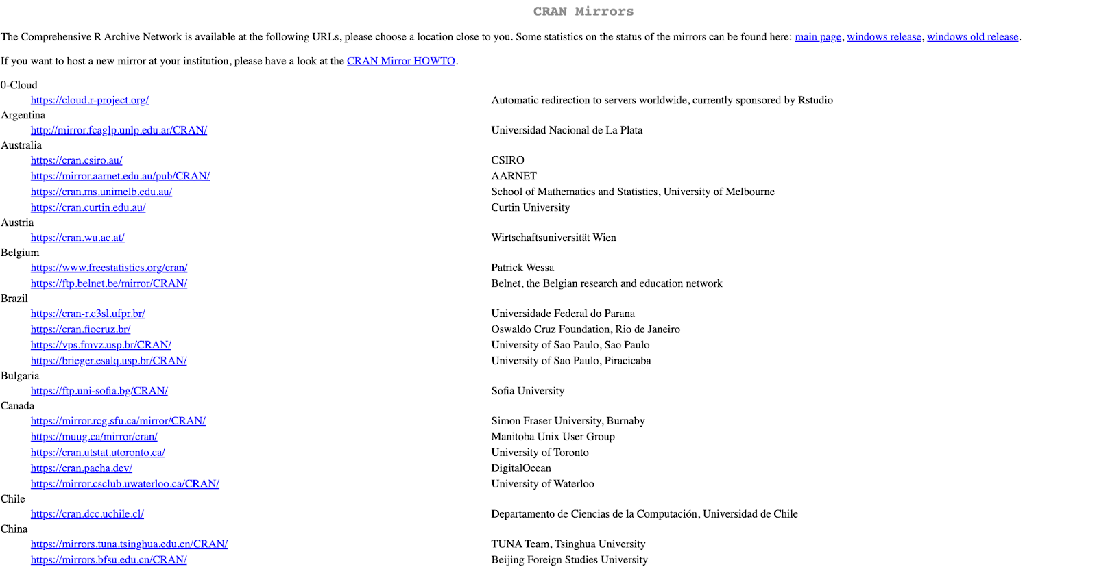 CRAN mirror selection page showing worldwide distributed servers for R downloads