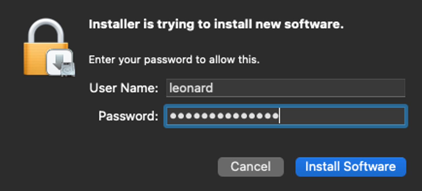 macOS authentication dialog requesting user password for R installation